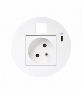 Simon 400 Flash 90, meblowe gniazdo zasilające z uziemieniem z ładowarką USB-C 20W i plakietką RJ45 z mocowaniem Keystone, IP20, 16A, biały, mont: Ø80mm Simon 400, Flash 90 KR3320013/9