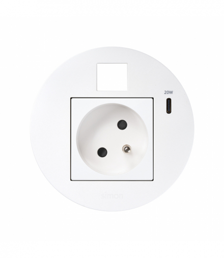 Simon 400 Flash 90, meblowe gniazdo zasilające z uziemieniem z ładowarką USB-C 20W i plakietką RJ45 z mocowaniem Keystone, IP20, 16A, biały, mont: Ø80mm Simon 400, Flash 90 KR3320013/9