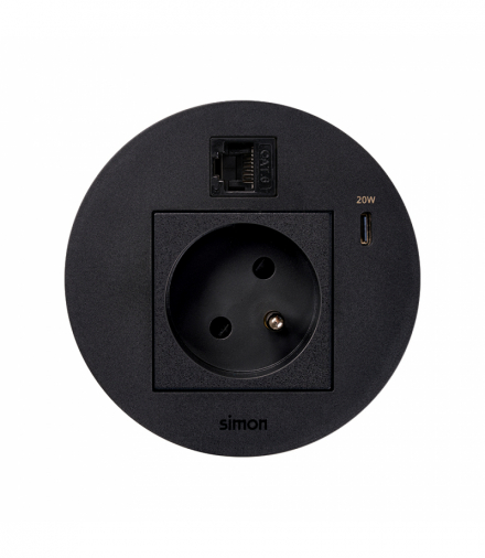 Simon 400 Flash 90, meblowe gniazdo zasilające z uziemieniem z ładowarką USB-C 20W i złączem RJ45 kat. 6 UTP (mocowanie Keystone), IP20, 16A, czarny, mont: Ø80mm Simon 400, Flash 90 KR3320023/14