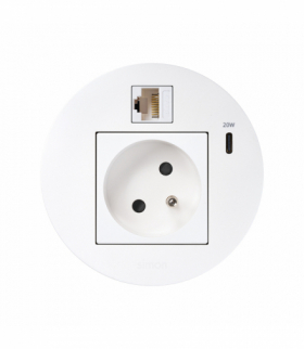 Simon 400 Flash 90, meblowe gniazdo zasilające z uziemieniem z ładowarką USB-C 20W i złączem RJ45 kat. 6 UTP (mocowanie Keystone), IP20, 16A, biały, mont: Ø80mm Simon 400, Flash 90 KR3320023/9