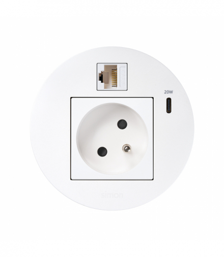Simon 400 Flash 90, meblowe gniazdo zasilające z uziemieniem z ładowarką USB-C 20W i złączem RJ45 kat. 6 UTP (mocowanie Keystone), IP20, 16A, biały, mont: Ø80mm Simon 400, Flash 90 KR3320023/9