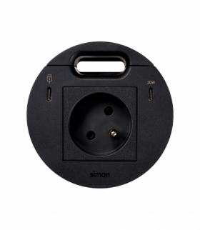 Simon 400 Flash 90, meblowe gniazdo zasilające z uziemieniem z ładowarką USB-C 20W, portem USB-C DATA i przepustem kablowym – stacja dokująca 1xHDMI+LAN+3xUSB-A w zestawie, IP20, 16A, czarny, mont: Ø80mm Simon 400, Flash 90 KR3321301/14