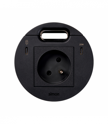 Simon 400 Flash 90, meblowe gniazdo zasilające z uziemieniem z ładowarką USB-C 20W, portem USB-C DATA i przepustem kablowym – stacja dokująca 1xHDMI+LAN+3xUSB-A w zestawie, IP20, 16A, czarny, mont: Ø80mm Simon 400, Flash 90 KR3321301/14