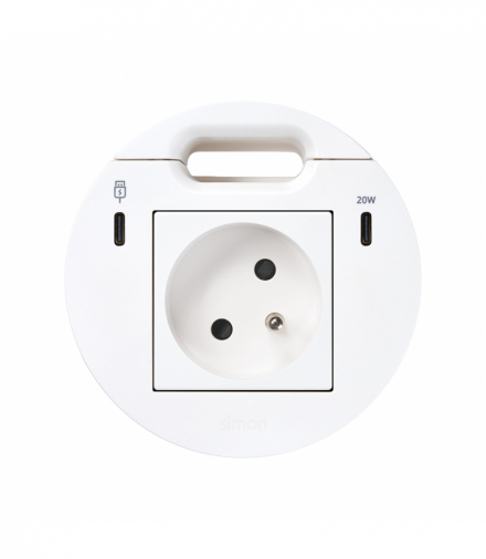Simon 400 Flash 90, meblowe gniazdo zasilające z uziemieniem z ładowarką USB-C 20W, portem USB-C DATA i przepustem kablowym – stacja dokująca 1xHDMI+LAN+3xUSB-A w zestawie, IP20, 16A, biały, mont: Ø80mm Simon 400, Flash 90 KR3321301/9