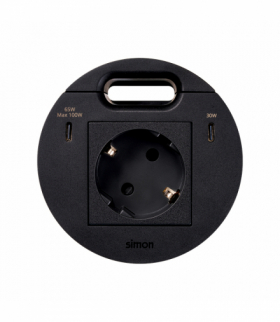 Simon 400 Flash 90, meblowe gniazdo zasilające z uziemieniem (Schuko) z ładowarką USB-C 100W i przepustem kablowym, IP20, 16A, czarny, mont: Ø80mm Simon 400, Flash 90 KR3510001/14