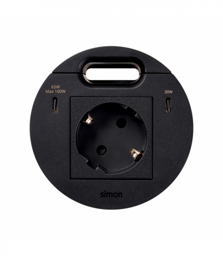 Simon 400 Flash 90, meblowe gniazdo zasilające z uziemieniem (Schuko) z ładowarką USB-C 100W i przepustem kablowym, IP20, 16A, czarny, mont: Ø80mm Simon 400, Flash 90 KR3510001/14
