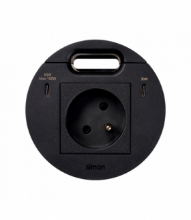 Simon 400 Flash 90, meblowe gniazdo zasilające z uziemieniem z ładowarką USB-C 100W i przepustem kablowym, IP20, 16A, czarny, mont: Ø80mm Simon 400, Flash 90 KR3520001/14