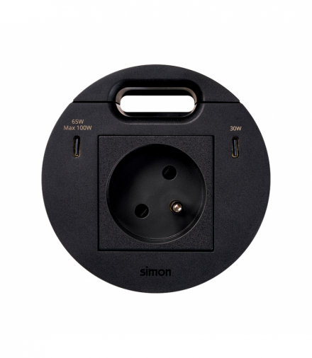 Simon 400 Flash 90, meblowe gniazdo zasilające z uziemieniem z ładowarką USB-C 100W i przepustem kablowym, IP20, 16A, czarny, mont: Ø80mm Simon 400, Flash 90 KR3520001/14