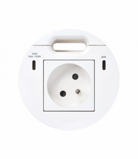 Simon 400 Flash 90, meblowe gniazdo zasilające z uziemieniem z ładowarką USB-C 100W i przepustem kablowym, IP20, 16A, biały, mont: Ø80mm Simon 400, Flash 90 KR3520001/9