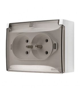 Gniazdo wtyczkowe podwójne z uziemieniem w wersji IP44 z przesłonami torów prądowych - klapka w kolorze transparentnym, 16A, szybkozłącza, biały Simon Aquaclick ACGZ21CZS/11A