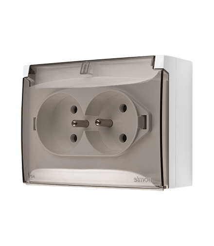 Gniazdo wtyczkowe podwójne z uziemieniem w wersji IP44 z przesłonami torów prądowych - klapka w kolorze transparentnym, 16A, szybkozłącza, biały Simon Aquaclick ACGZ21CZS/11A