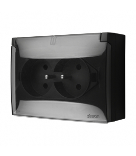 Gniazdo wtyczkowe podwójne z uziemieniem w wersji IP44 - klapka w kolorze transparentnym, 16A, szybkozłącza, czarny mat Simon Aquaclick ACGZ21CS/49A