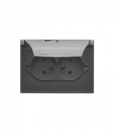 Gniazdo wtyczkowe podwójne z uziemieniem w wersji IP44 z przesłonami torów prądowych - klapka w kolorze transparentnym, 16A, szybkozłącza, ciemnoszary Simon Aquaclick ACGZ21CZS/18A