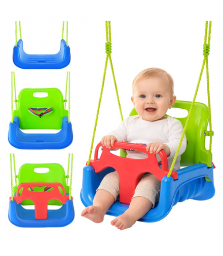 Huśtawka dziecięca 3w1, kolorowa na linach, do domu i ogrodu, do 30 kg, zielono-niebieska Kruzzel 18841