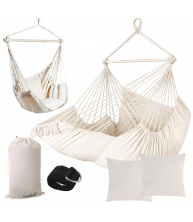 Fotel wiszący krzesło brazylijskie huśtawka ogrodowa hamak mocny 150kg, duży 210cm, kokon bocianie gniazdo ogrodowe BOHO 2w1 beżowy Gardlov 18834