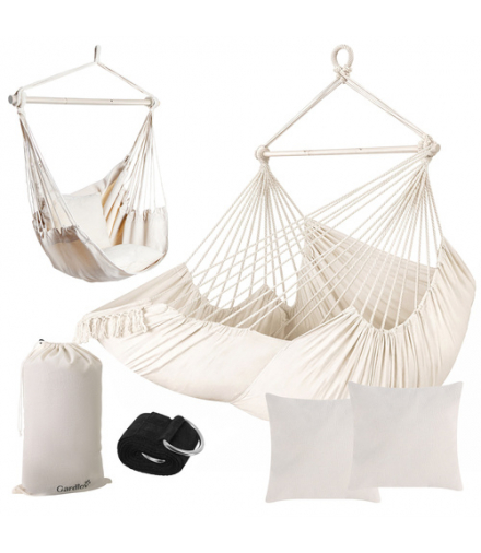 Fotel wiszący krzesło brazylijskie huśtawka ogrodowa hamak mocny 150kg, duży 210cm, kokon bocianie gniazdo ogrodowe BOHO 2w1 beżowy Gardlov 18834