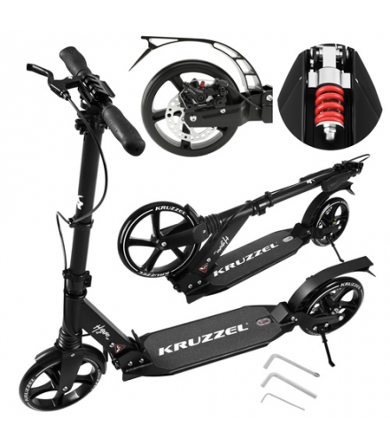 Hulajnoga składana, miejska, duża, dla dzieci, koła 20cm, klasy premium z amortyzacją, hamulcem tarczowym i regulacją wysokości kierownicy, łożyska ABEC-9, kolor biały/czarny Hyperion B Kruzzel 26142 18811