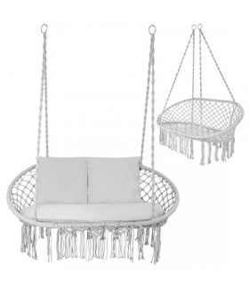 Huśtawka bocianie gniazdo, podwójna do 300kg, dwuosobowy fotel wiszący + 3 poduszki, ogród, taras lub balkon, boho, szary, Gardlov 18864