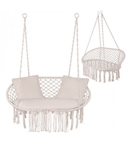 Huśtawka bocianie gniazdo, podwójna do 300kg, dwuosobowy fotel wiszący + 3 poduszki, ogród, taras lub balkon, boho, kremowy, Gardlov 18865