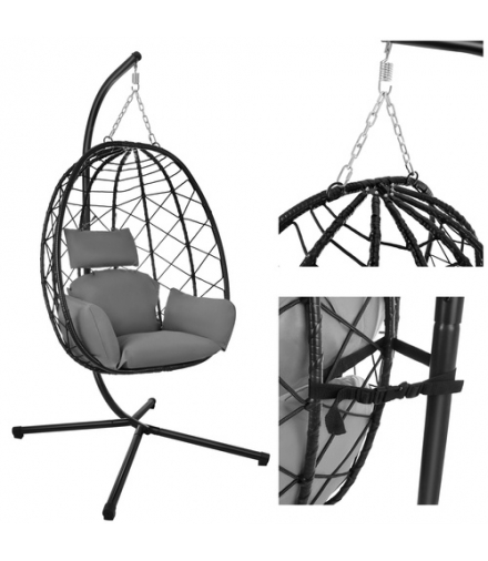 Huśtawka ogrodowa, fotel wiszący, kokon z poduszką, bocianie gniazdo ze stelażem, do 150kg, 185cm, + wodoodporne poduszki Gardlov 18873