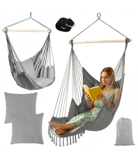 Fotel wiszący ogrodowy, huśtawka, kokon, bocianie gniazdo, ogrodowe BOHO 2w1, 210cm, kolor szary Gardlov 18835