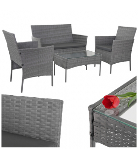 Meble ogrodowe technorattanowe ciemno szary Gardlov - zestaw 2 krzeseł, sofa, stolik ze szkłem i poduszkami antracyt Gardlov 26907 18859