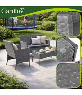 Meble ogrodowe technorattanowe ciemno szary Gardlov - zestaw 2 krzeseł, sofa, stolik ze szkłem i poduszkami antracyt Gardlov 26907 18859