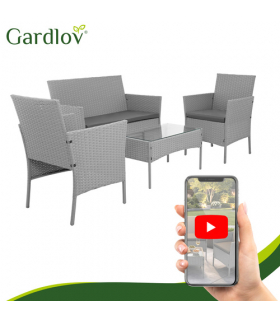 Meble ogrodowe technorattanowe ciemno szary Gardlov - zestaw 2 krzeseł, sofa, stolik ze szkłem i poduszkami szare Gardlov 26910 18877