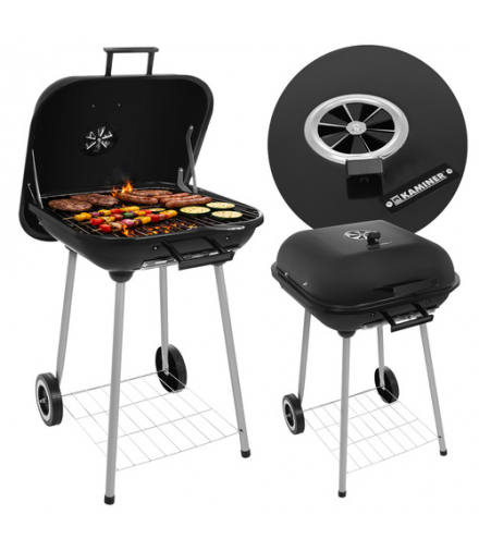 Grill ogrodowy, węglowy z pokrywą i półką, duży ruszt, przenośny, stabilny z uchwytem, 53x77x46cm Kaminer 18907