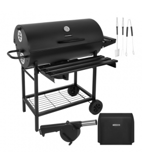 Grill ogrodowy, węglowy z pokrywą, półkami, popielnikiem i termometrem, 2 ruszty + pokrowiec + akcesoria, 108x67x96cm Kaminer 18908