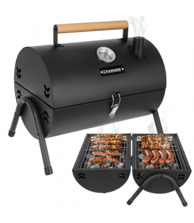 Grill turystyczny, ogrodowy, węglowy z pokrywą 2 x ruszt, pipielnik + termometr, komin, XXL, 38x30x40cm Kaminer 18899