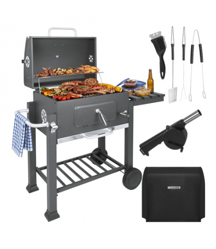 Grill węglowy ogrodowy z pokrywą i termometrem, 3 częściowy żeliwny ruszt, emaliowany z popielnikiem i kominem 116x70x110cm Kaminer 18912