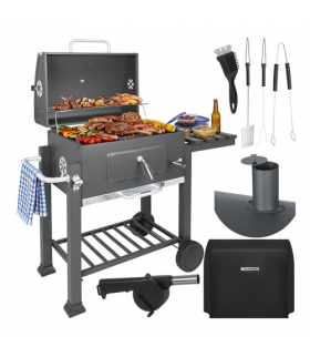 Grill węglowy ogrodowy z pokrywą i termometrem, 3 częściowy żeliwny ruszt, emaliowany z popielnikiem i kominem 114x67x120cm Kaminer 18913