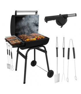 Grill węglowy ogrodowy z pokrywą i termometrem, przenośny na kołach, duży ruszt, termometr + dmuchawa + akcesoria 82x51x117cm Kaminer 18914