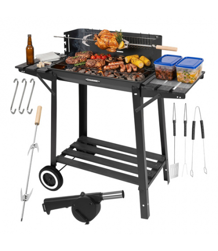 Grill węglowy ogrodowy z rożnem i rusztem górnym, osłoną i półkami + akcesoria 93x41x86cm Kaminer 18915
