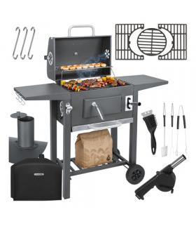 Grill węglowy ogrodowy z pokrywą i termometrem, żeliwny ruszt, emaliowany z popielnikiem, kominem i półkami 105x110x50cm Kaminer 18916