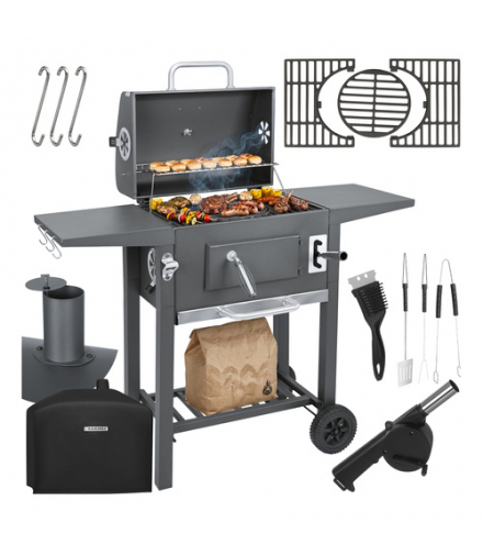 Grill węglowy ogrodowy z pokrywą i termometrem, żeliwny ruszt, emaliowany z popielnikiem, kominem i półkami 105x110x50cm Kaminer 18916