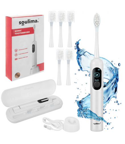 Szczoteczka soniczna do zębów, elektryczna, indukcyjne ładowanie + 6 końcówek, w etui, 90tyś r/min, Smart Timer, cicha praca 65dB, akumulator 1200mAh, biała, X800 Soulima 26850 18805