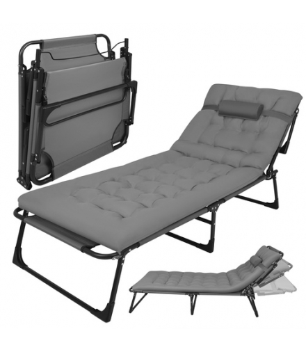Leżak ogrodowy składany, regulowany + poduszka, łóżko turystyczne, plażowe, na taras, 192x68x28cm, 120kg, szary, Trizand 18925