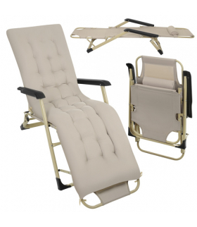 Leżak ogrodowy składany, regulowany + poduszka, łóżko turystyczne, plażowe, na taras, 177x60x30cm, 120kg, beżowy z grubą poduszką + zagłówek, Trizand 18880