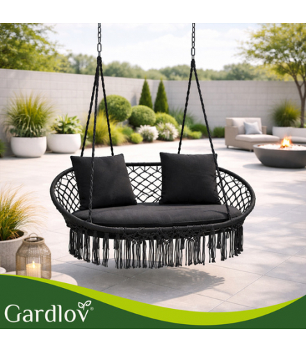 Huśtawka bocianie gniazdo, podwójna do 300kg, dwuosobowy fotel wiszący + 3 poduszki, ogród, taras lub balkon, boho, czarna Gardlov 18866