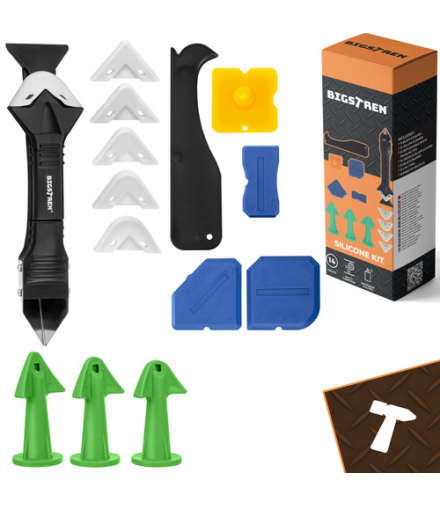 Szpachelki i końcówki do nakładania silikonu, 14 elementów, zestaw do fug, uszczelnień i wygładzania Bigstren 18947