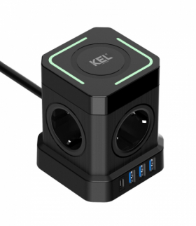 Przedłużacz POWER STRIP z ładowaniem bezprzewodowym, 4x2p+Z + 3xUSBA + USBC, Schuko, KEL W-01493