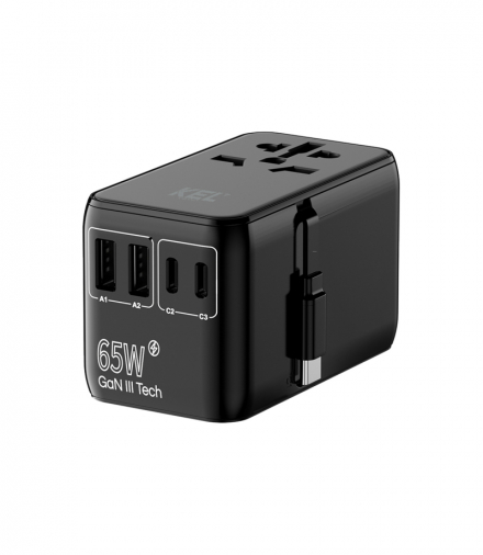 Uniwersalny adapter podróżny, sieciowy (EU, UK, US, AU), szybkie ładowanie 2xUSB-A + 2xUSB-C, PD65W+QC KEL W-00532