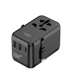 Uniwersalny adapter podróżny, sieciowy (EU, UK, US, AU), szybkie ładowanie 2xUSB-A + 1xUSB-C, PD20W+QC KEL W-00531