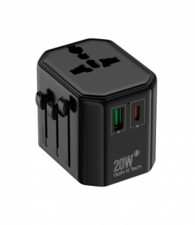 Uniwersalny adapter podróżny, sieciowy (EU, UK, US, AU), szybkie ładowanie 1xUSB-A + 1xUSB-C, PD20W+QC KEL W-00530