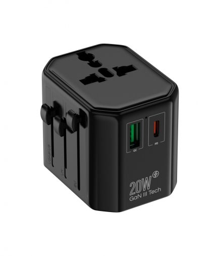 Uniwersalny adapter podróżny, sieciowy (EU, UK, US, AU), szybkie ładowanie 1xUSB-A + 1xUSB-C, PD20W+QC KEL W-00530