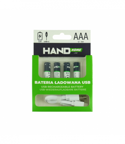 Bateria ładowalna z USB-C, 750mWh, 4xAAA, AAA/USB-C/750/4B, akumulatorki z ładowarką, LR03, HAND Home W-00537