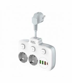 Rozgałęźnik podwójny z indywidualnym włącznikiem do każdego gniazda, 2x gniazda wtyczkowe z uziemieniem schuko + 3xUSB-A + 1xUSB-C, R-273SWS/CA biały, KEL W-72055