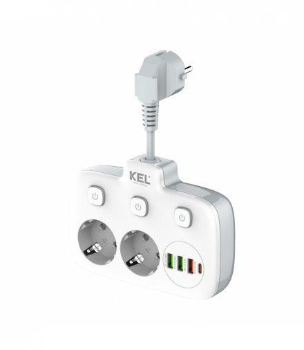 Rozgałęźnik podwójny z indywidualnym włącznikiem do każdego gniazda, 2x gniazda wtyczkowe z uziemieniem schuko + 3xUSB-A + 1xUSB-C, R-273SWS/CA biały, KEL W-72055